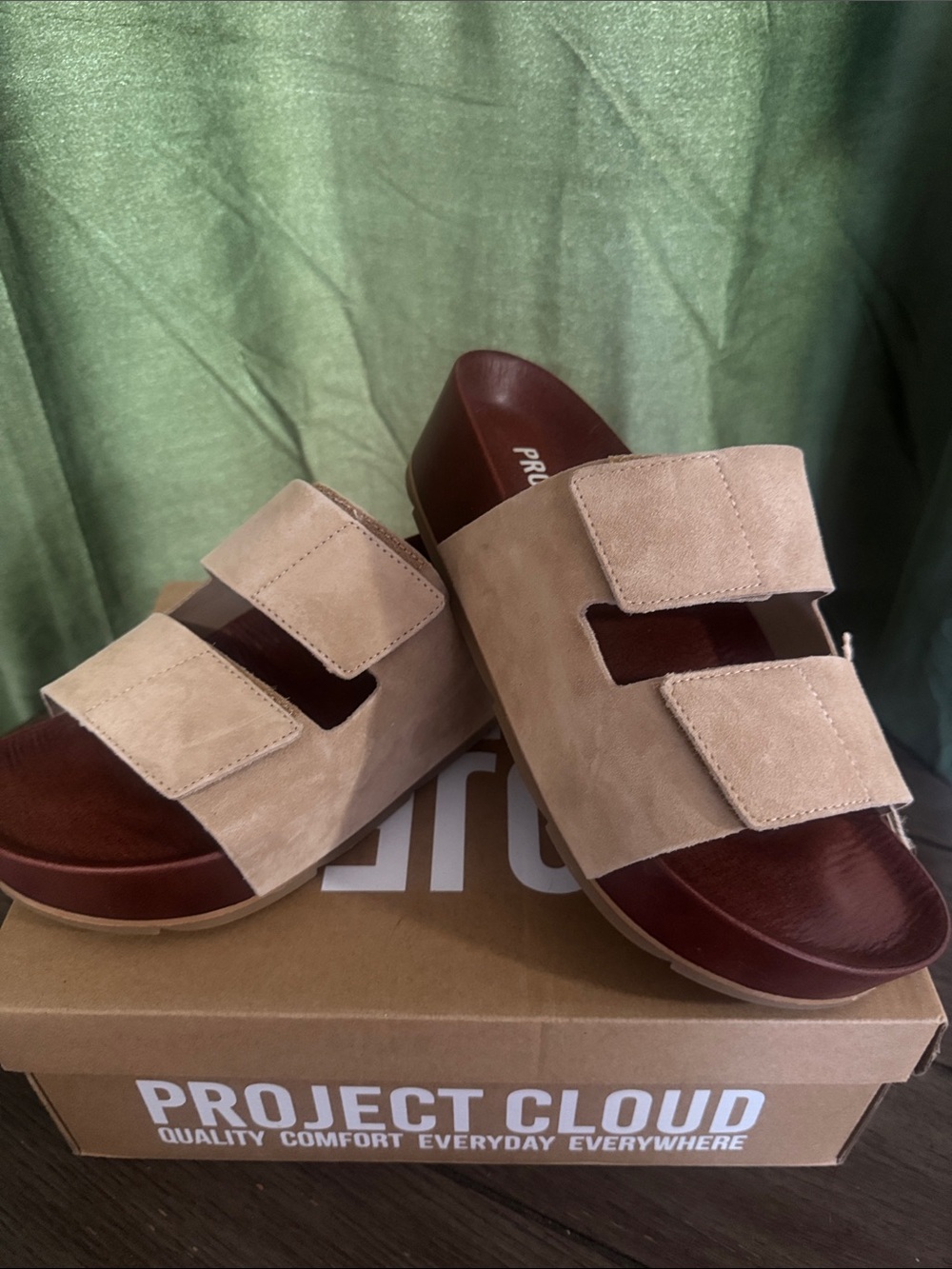 Project Cloud Women’s Beige Suede Double-Strap Slide Sandals